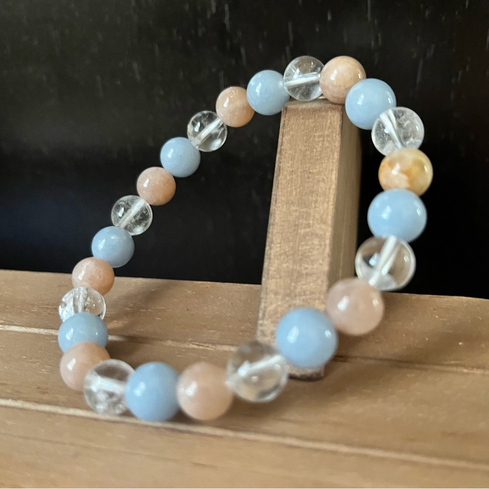Angelite With Quartz & Moonstone Natural Stone Crystal 8mm Stretch Bead Bracelet